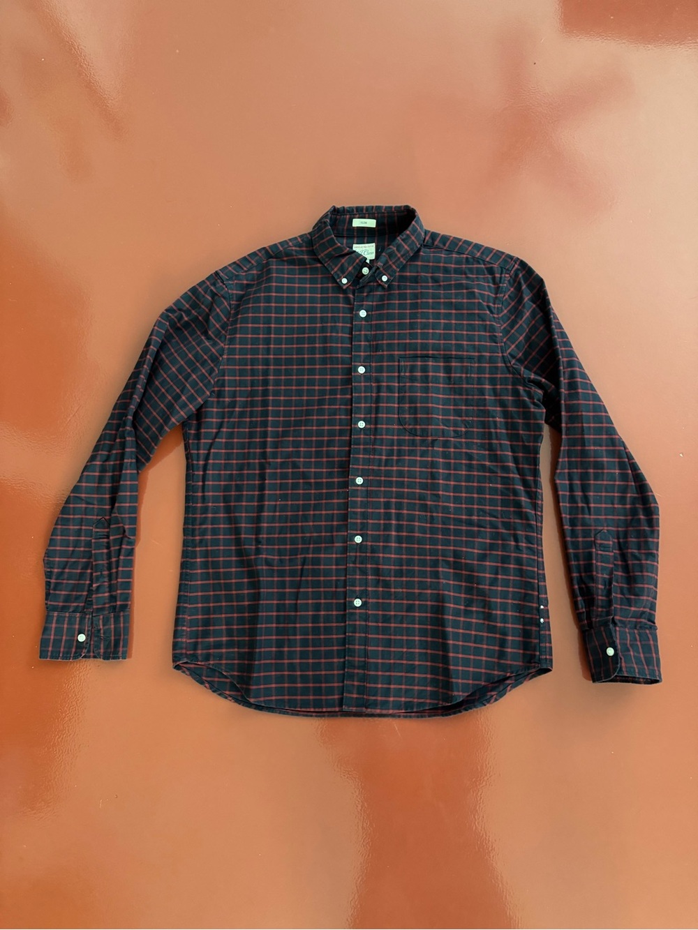 J. Crew Men's Navy and Red Windowpane Button-Down Oxford Shirt